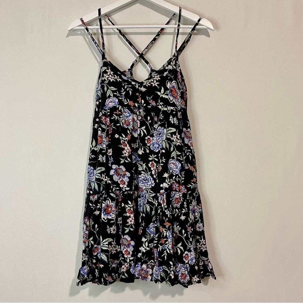 American Eagle Women’s Floral Boho Babydoll Ruffle Mini Dress Black Size XS EUC